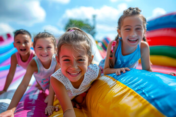 Joyful children bouncing on inflatable castle under the summer sun