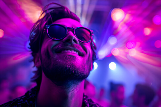 Vibrant Nightlife Portrait: Smiling Man in Club with Purple and Pink Laser Lights, Rocking Sunglasses
