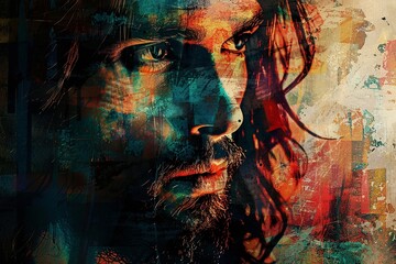Abstract grunge background featuring a portrait of Jesus Christ, perfect for digital painting with space for text or other images.