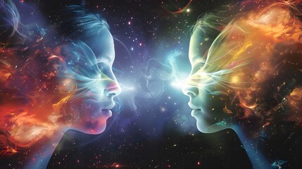 Telepathic connection and psychic connections between two people in space and waves surrounding - obrazy, fototapety, plakaty
