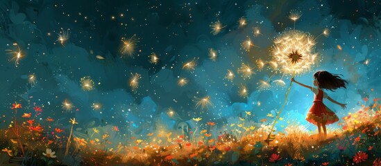 Naklejka premium Girl with Dark Hair, Colorful Dress, Dandelion, and Fireworks Illustration