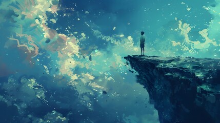 A lone person stands on the edge of a cliff overlooking a surreal, abstract landscape, evoking a sense of contemplation and solitude, Digital art style, illustration painting.