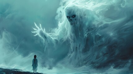 A solitary child faces a massive, ghostly apparition emerging from an otherworldly ocean, creating a dramatic and haunting scene, Digital art style, illustration painting.