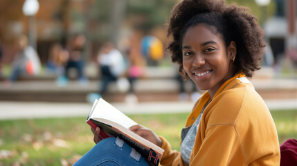 Jovem mulher universitária feliz lendo um livro no Campus da universidade  