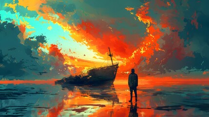 A lone figure stands before a shipwreck, bathed in the vibrant, fiery hues of a spectacular sunset reflected on water, Digital art style, illustration painting.