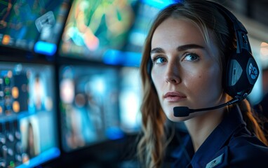Security control room guards monitor video walls, while emergency operators with headsets answer 911 calls and police officers patrol for illegal immigration activity.