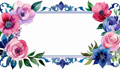Watercolor purple and red flowers on light background for banner. Flat lay, top view. Frame template for wedding invitation, Mothers and Womans day. Floral composition with copy space.
