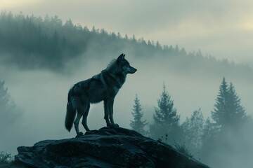 A lone wolfs silhouette in a misty forest, symbolizing the resilience and strength of wildlife 8K , high-resolution, ultra HD,up32K HD