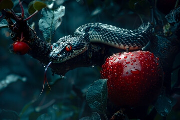 Original Sin: A Serpent Coiled in an Apple Tree Beside a Scarlet Apple - A Symbolic Image of Temptation and Fall from Grace