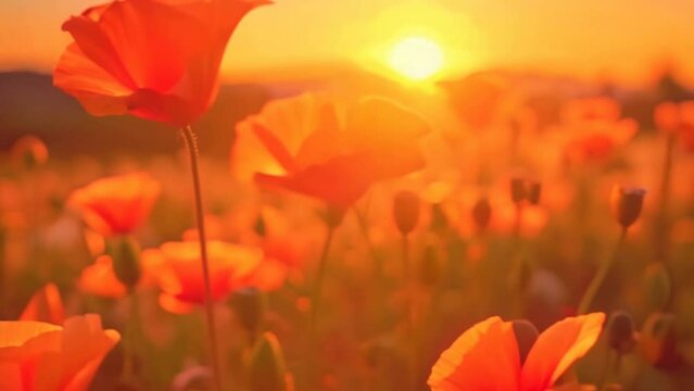 An orange poppy field in full bloom under the golden evening sun
