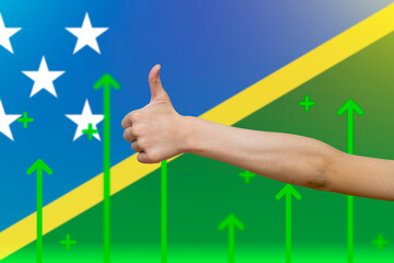 Solomon Island flag with green up arrows, increasing values and improving economy,  finger thumbs 