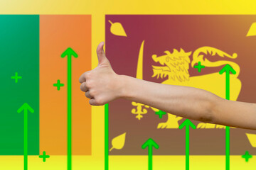 Sri Lanka flag with green up arrows, country statistics concept,  finger thumbs up front of Sri 