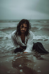 atractive man with wet long hair, wearing a white vintage shirt and black pants sitting on the beach facing the camera, wet from sea water, shipwreck, pirate, sailor, fiction, adventure