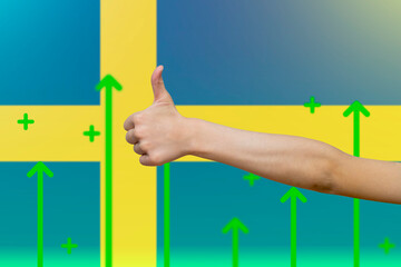 Sweden flag with green up arrows,  finger thumbs up front of Sweden flag, increasing values and 