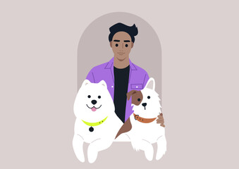 Serene Trio, A Pet Owner With Blissful Dogs at an Arch Window, A content character shares a peaceful moment with two fluffy dogs