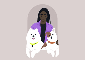 Serene Trio, A Pet Owner With Blissful Dogs at an Arch Window, A content character shares a peaceful moment with two fluffy dogs