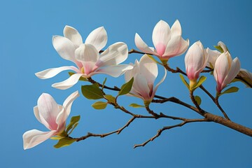 Blooming white and pink close-up flowers of magnolia on a branch with young leaves, growing in spring park or botanical garden, with blurred blue background