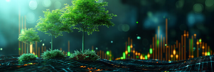 This vivid image of a lush tree on a digital terrain with rising data bars symbolizes growth, technology, and the fusion of nature with data analytics