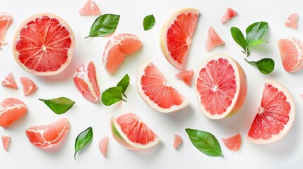 Red Pomelo or Grapefruit called Tabtim Siam in Thai, a sweet taste fruit with bright color planted in Asia, peeled beautifully with a pomelo skin and green leaves on white background.