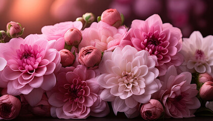 Close-up of a vibrant bouquet of pink dahlia flowers in full bloom. Ideal for  weddings, spring themes, and  floral arrangements.