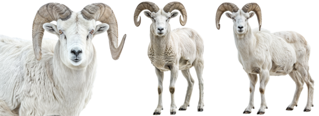 Dall sheep collection, portrait and standing, isolated on a white background