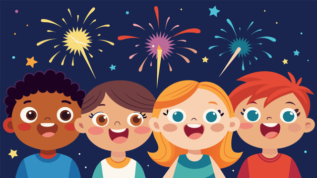 The childrens faces were lit up with excitement and wonder with each firework igniting their imagination.. Vector illustration