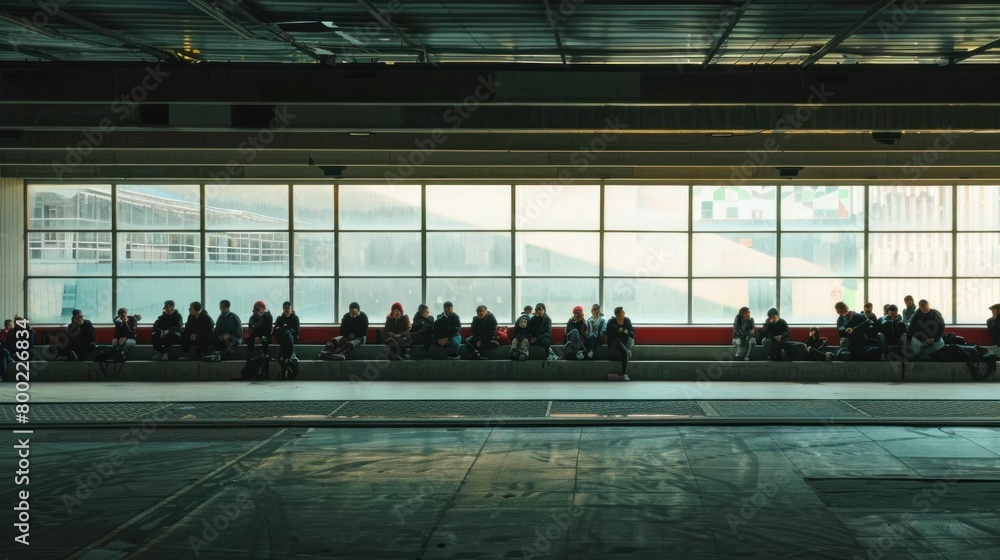 Poster diverse group of people sitting on benches in a spacious building with large windows in front of the