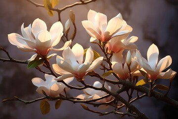 Blooming white and pink close-up flowers of magnolia on a branch with young leaves, growing in spring park or botanical garden, with blurred dark green background