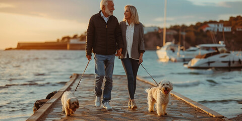 A mature couple enjoys a walk on the pier with their beloved pets, savoring precious moments together - Powered by Adobe