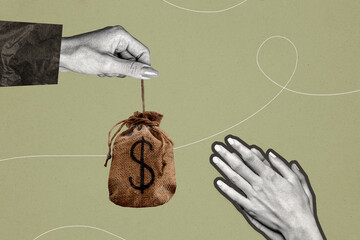 Creative collage image human hands ask money take hold dollars bag millionaire income earnings...