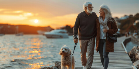 A senior couple enjoys a leisurely walk on the pier with their beloved pet, soaking in nature's beauty