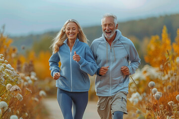 A happy senior couple jogging together in the park, enjoying the autumn weather and each other's company
