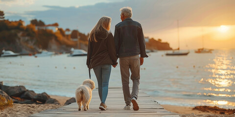 A couple walks by the seaside at sunset, accompanied by their dog, enjoying romantic moments - Powered by Adobe