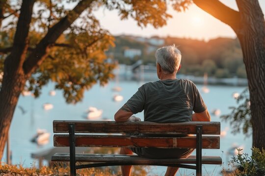 An elderly man finds relaxation sitting on a bench by the calm lake in the autumn park - Powered by Adobe