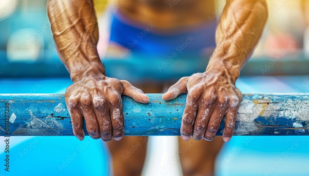 Poster gymnast s hands on uneven bars displaying strength and control in close up shot