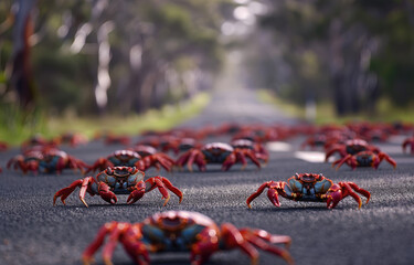 Huge crab stampede on the road in Christmas Island, Australia