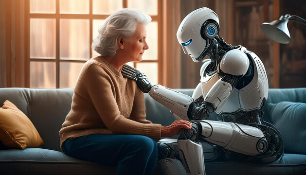 Close-up of a human android robot consoling an elderly woman sitting on a sofa in a living room. Human-robot relationship concept with artificial intelligence versus technology. Generative Ai. 