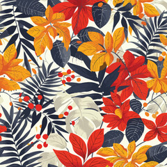 a seamless pattern colorful background of tropical flowers and leaves.	