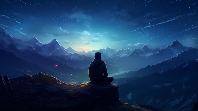The man sits on the edge of the mountain and looks at the vast mountains under the starry sky