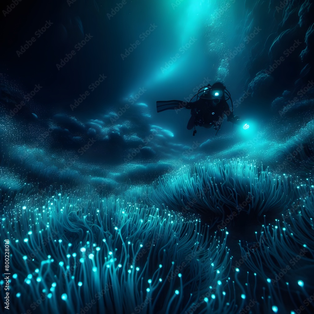Poster scuba diving in dark cave with glowing lights. 3d rendering generated by ai