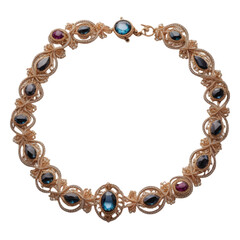 A close up of a victorian  gold necklace with blue and pink stones on transparent background generative ai
