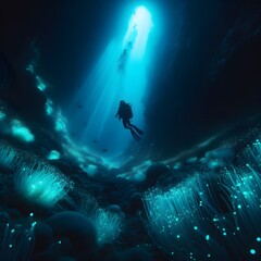 Scuba diving in dark cave with glowing lights. 3D rendering generated by ai