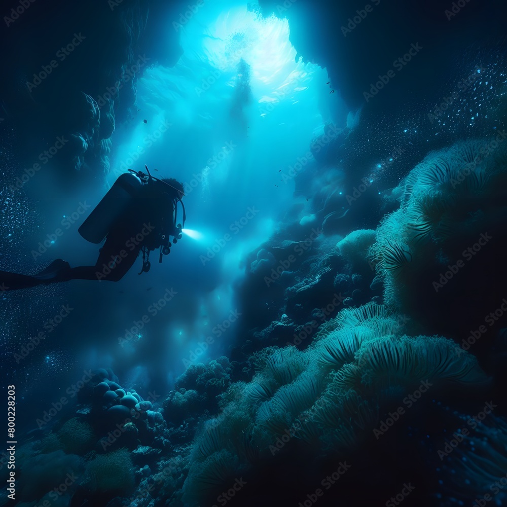 Aufkleber scuba diving in dark cave with glowing lights. 3d rendering generated by ai