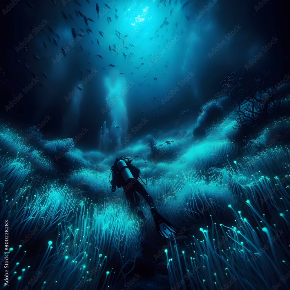 Poster scuba diving in dark cave with glowing lights. 3d rendering generated by ai