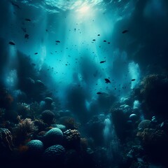 Underwater scene with fish, corals and rays of light generated by ai