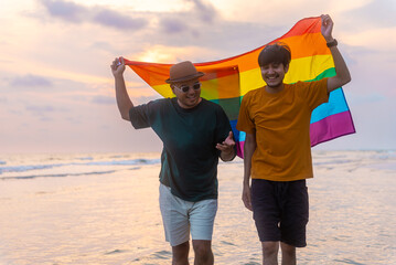Happy Gay couple with lgbt flag walking together on the beach in summer day. Happy guys demonstrate...
