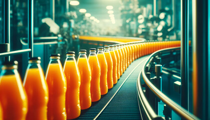 Factory producing bottled orange juice on conveyor belt