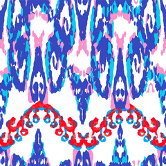 Rhombus Ikat Vector Pattern. Ogee Geometric Print. Watercolor Batik Seamless Design. Vibrant Carpet Rug Chevron Motif.  Wet Vintage Tie Dye Ornament. Abstract Ethnic Kilim.  Neon Blue and Red on White