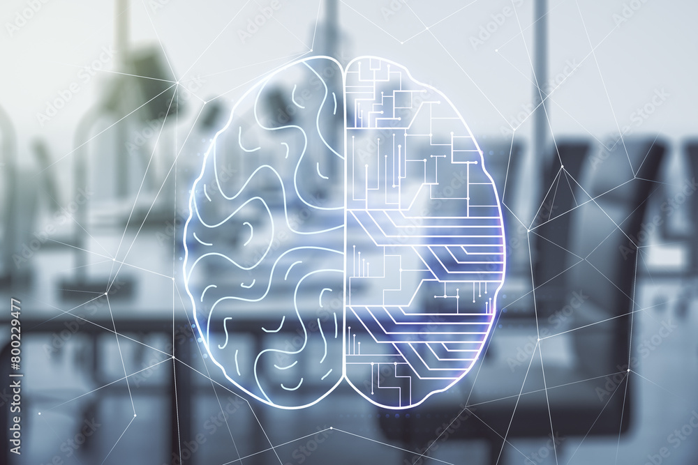 Poster virtual creative artificial intelligence hologram with human brain sketch on a modern furnished offi