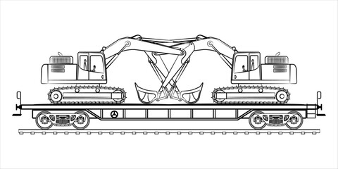 Railroad cargo flat wagon - outline vector illustration. High detailed flat car railway wagon on white background. Excavators on a transport cargo wagon. Excavator crawler transported by rail. 